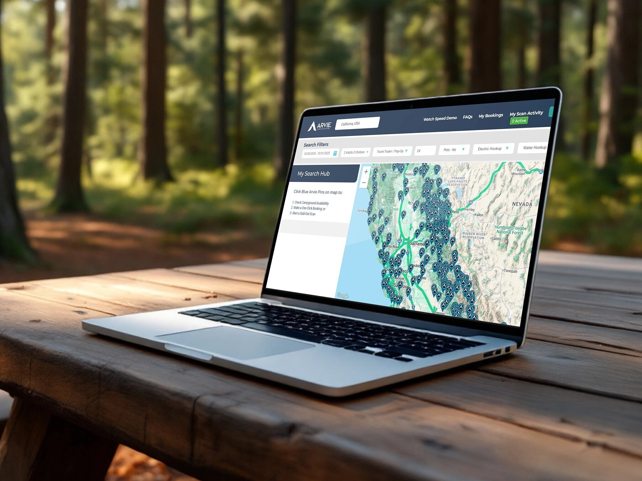 Available campsite results with filters and map